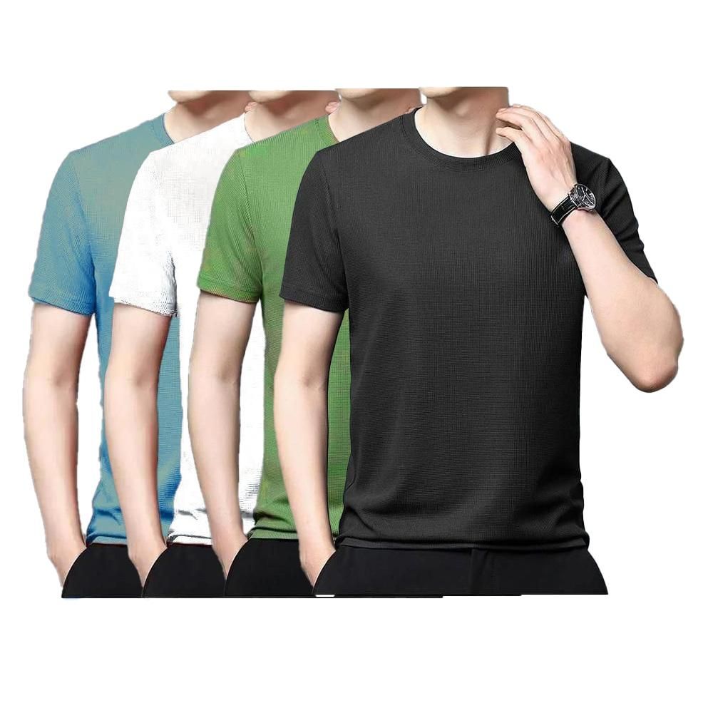 Men's Round Neck T-Shirts Pack of 4 - Stretchable Polyester, Assorted Solid Colors