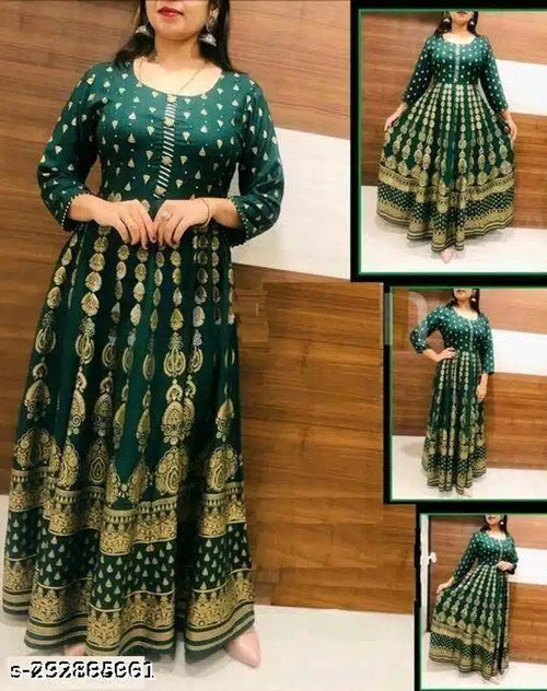 Anarkali Rayon Printed Kurti - Elegant Bottle Green & Gold Women's Ethnic Wear